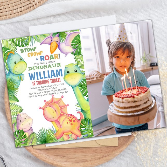 Editable Dinosaur Birthday Invitation with Photo (Green watercolor Dinosaur Birthday photo Invitation)