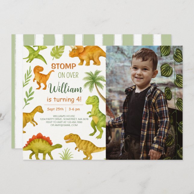 Editable Dinosaur Birthday Party Photo Invitation (Front/Back)
