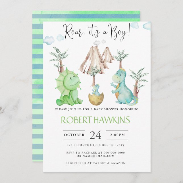 Editable Dinosaur Boy Baby shower Invitation (Front/Back)