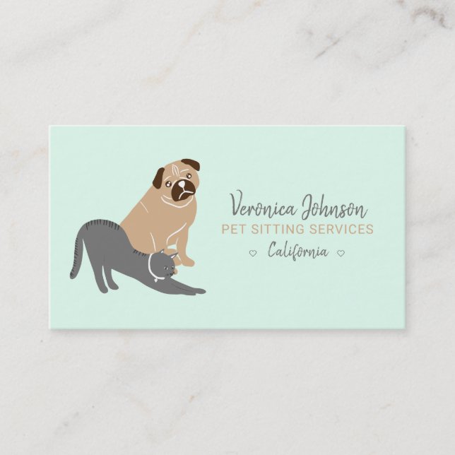 Editable dog cat illustration mint pet sitting business card (Front)