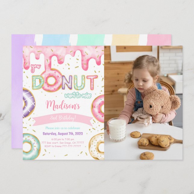 Editable Doughnut Birthday Party Photo Invitation (Front/Back)