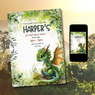 Editable Dragon 1st Birthday Party Invitation