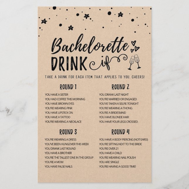 Editable DRINK IF Bachelorette, Hen Party game (Front)
