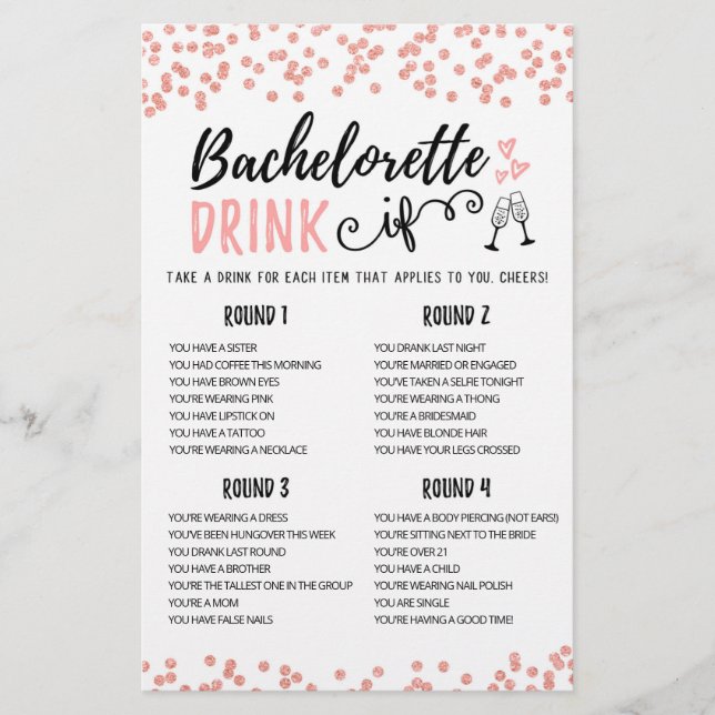 Editable DRINK IF Bachelorette, Hen Party game (Front)