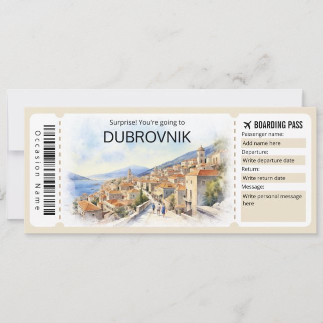 Editable Dubrovnik Plane ticket, Croatia Trip Invitation (Front)