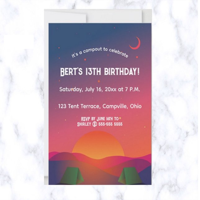 Editable Dusk Nightfall Outdoor Camping Birthday Invitation (Creator Uploaded)