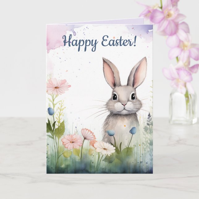 Editable Easter Bunny and Flowers Easter Card (Orchid)