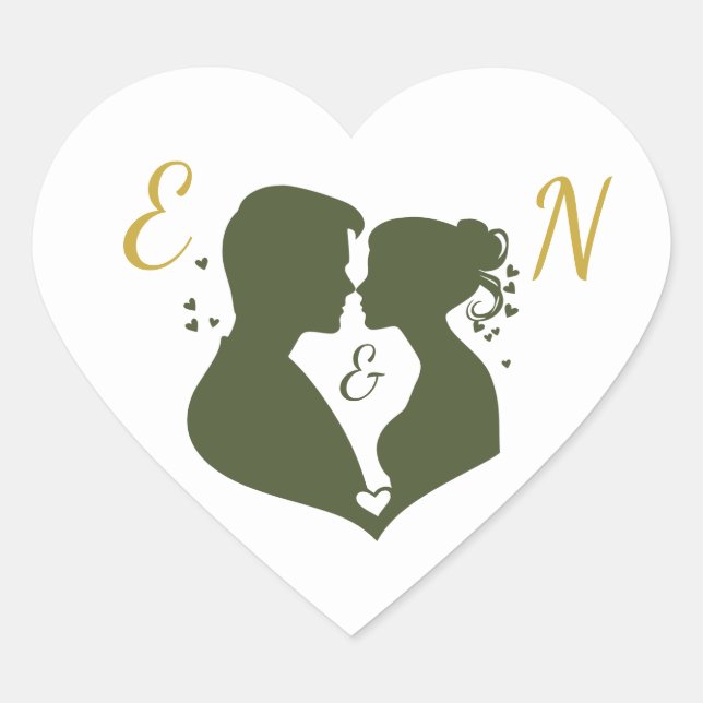 Editable Elegant Sage Gold Wedding Heart Sticker (Front)