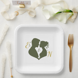 Editable Elegant Sage Gold Wedding Paper Plates