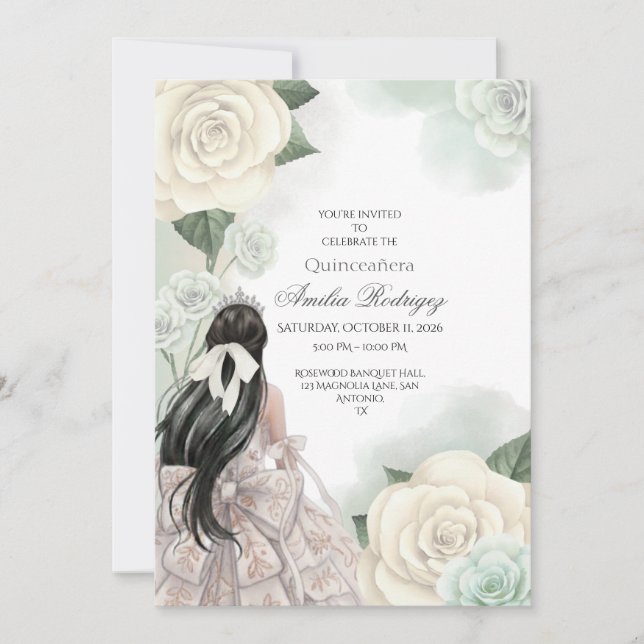 Editable Elegant White Gold Quinceañera invitation (Front)