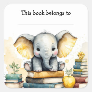 Editable Elephant and Books Bookplate Sticker