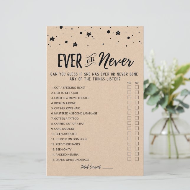 Editable Ever or Never Bridal Shower game (Standing Front)