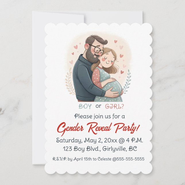 Editable Expectant Parents Hearts Gender Reveal Invitation (Front)