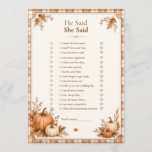 Editable Fall He Said She Said Bridal Shower Games (Front)
