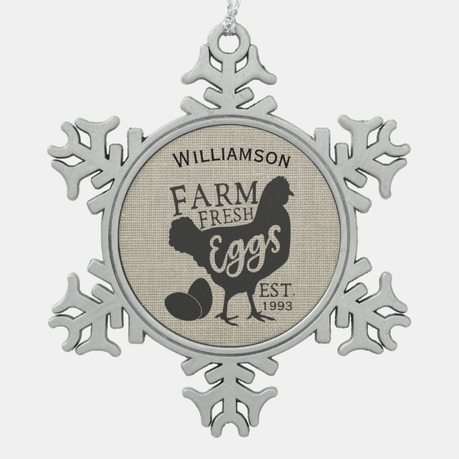 Editable Farmhouse Style Family Farm Eggs Snowflake Pewter Christmas Ornament (Front)