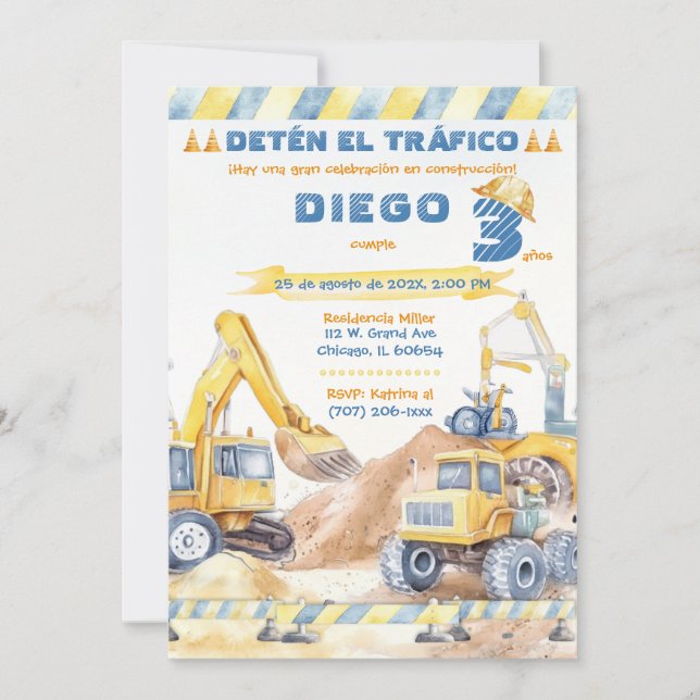Editable Fiesta de Construcción 3 Años Invitation (Front)