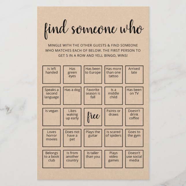 Editable Find Someone Who Game Bingo game (Front)