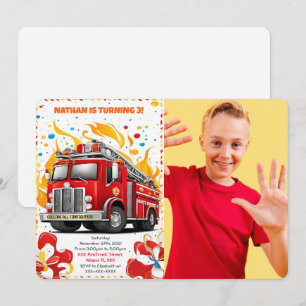 Editable Fire Truck Birthday Photo Invitation