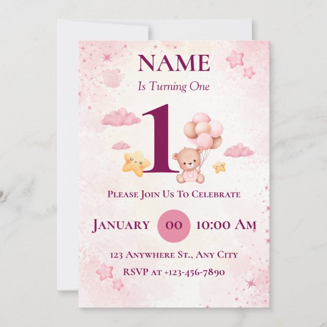 Editable First Birthday Party Invite Printable (Front)