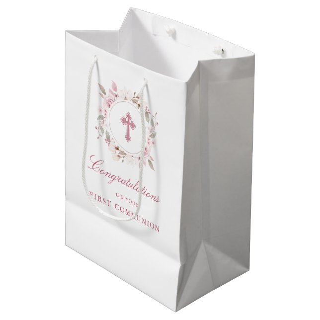 Editable First Communion Pink Flower Cross Medium Gift Bag (Front Angled)