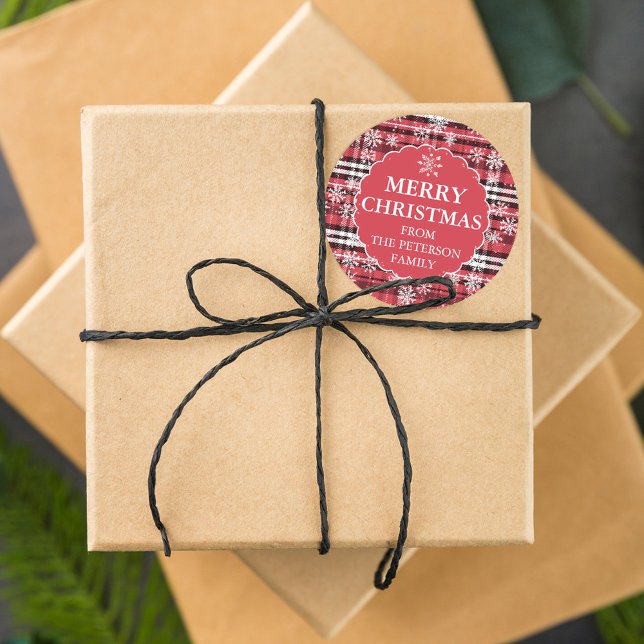 Editable flannel plaid pattern dark red Christmas Classic Round Sticker (Creator Uploaded)