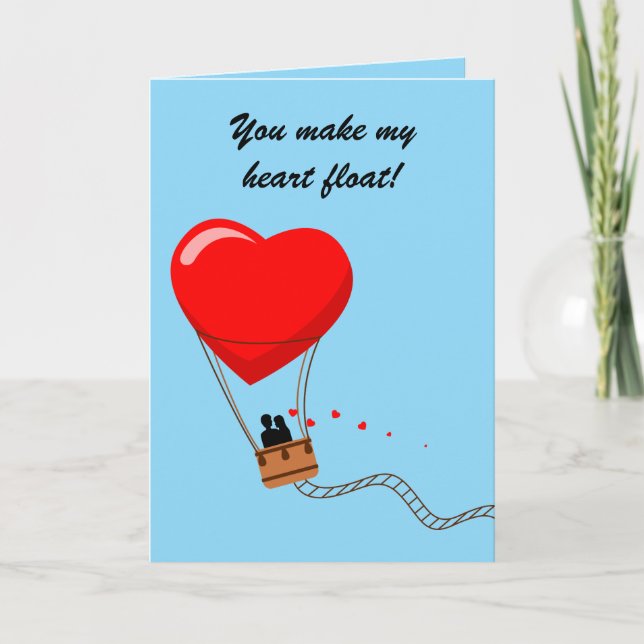 Editable Floating Heart Hot Air Balloon Valentine Card (Front)