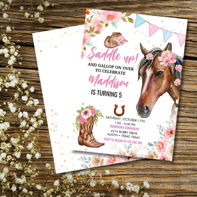 Editable Floral Cowgirl Horse Birthday Invitation (Horse and flowers invite – adorable for your girl's western birthday bash!)
