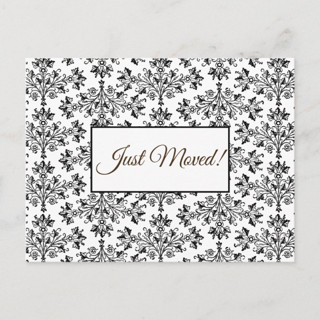 Editable Floral Damask Black On White Just Moved Postcard (Front)