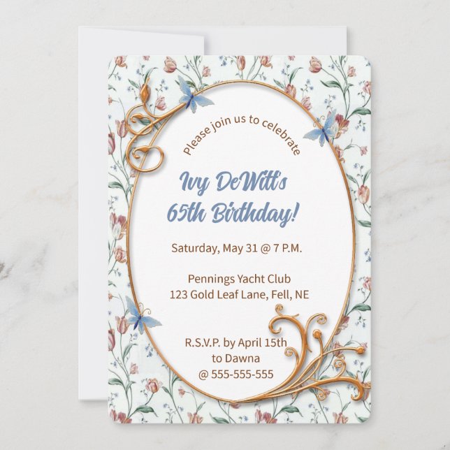 Editable Flowers and Blue Butterflies Invitation (Front)