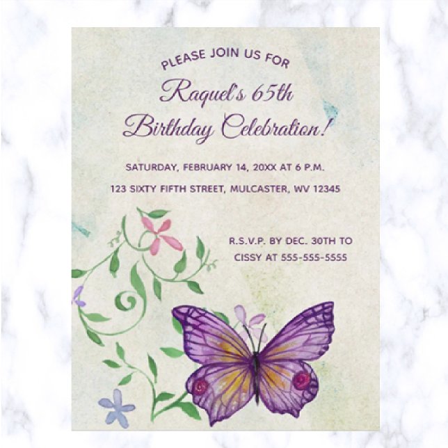 Editable Flowers and Purple Butterfly Birthday Invitation Postcard (Creator Uploaded)