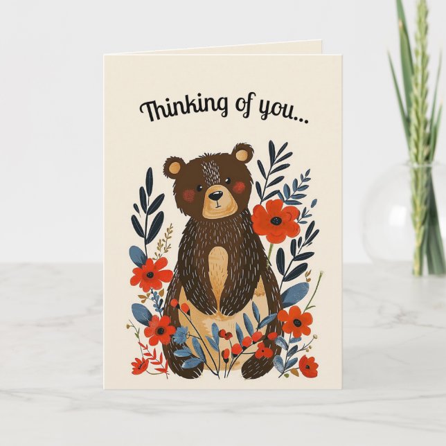 Editable Folk Art Bear and Flowers Card (Front)