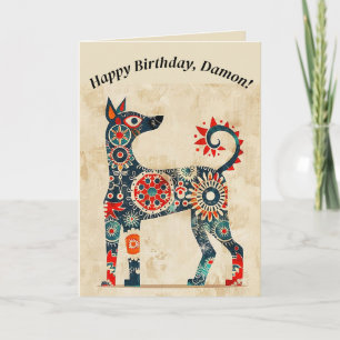 Editable Folk Art Dog Birthday Card