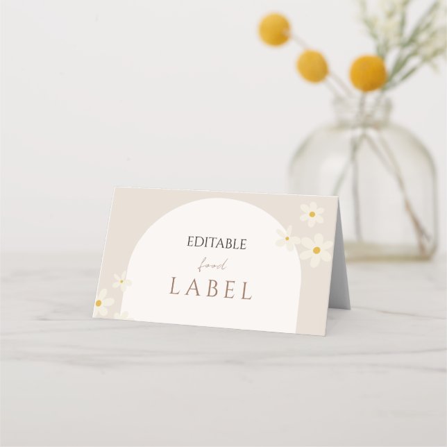 Editable Food Label, Boho Daisy Floral Design Place Card (Front)