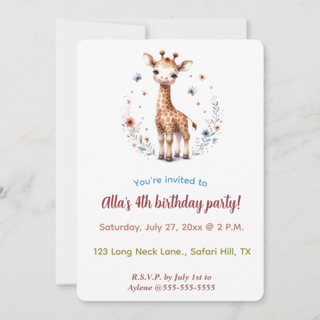 Editable Giraffe Flowers and Butterflies Invitation (Front)