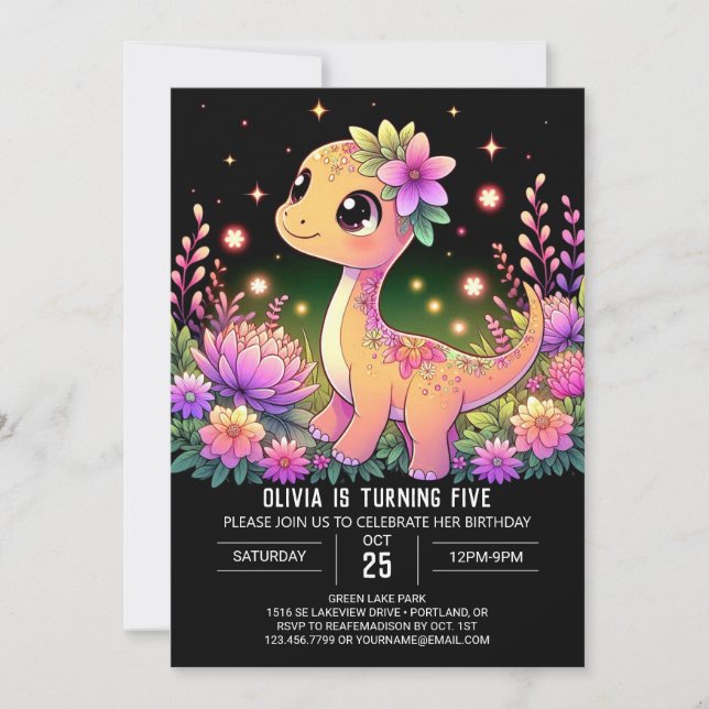 Editable Girl Dinosaur Digital Birthday Invitation (Front)
