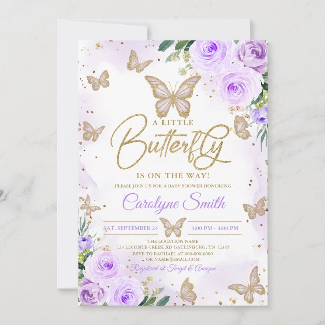 Editable Girl Purple Butterfly Baby Shower Invitation (Front)