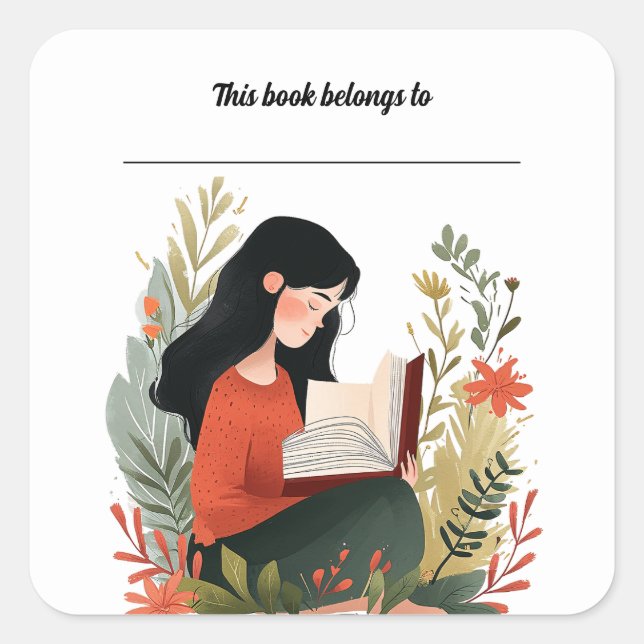 Editable Girl Reading in a Garden Bookplate Square Sticker (Front)