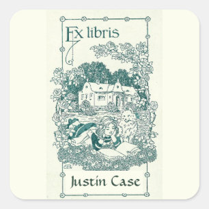 Editable Girl Reading in Front of House Bookplate Square Sticker