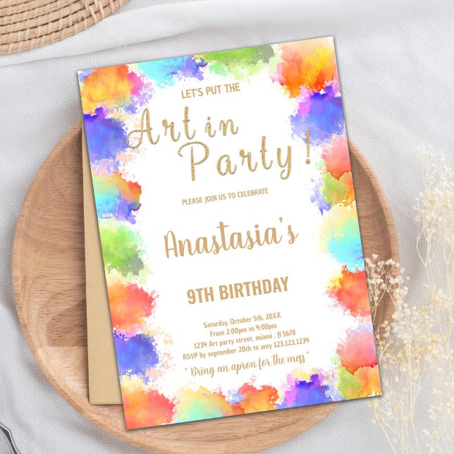 Editable Girls Painting Party Card with Rainbow Co (Art in Party Glitter Paint Birthday Invitations)