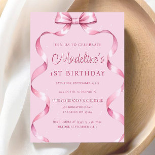 Editable Girls Pink Coquette Bow First Birthday Invitation
