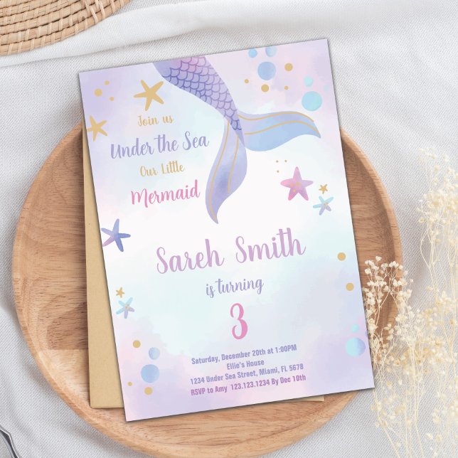 Editable Girls Under the Sea Party Card (Purple Pink Mermaid Birthday Invitation)
