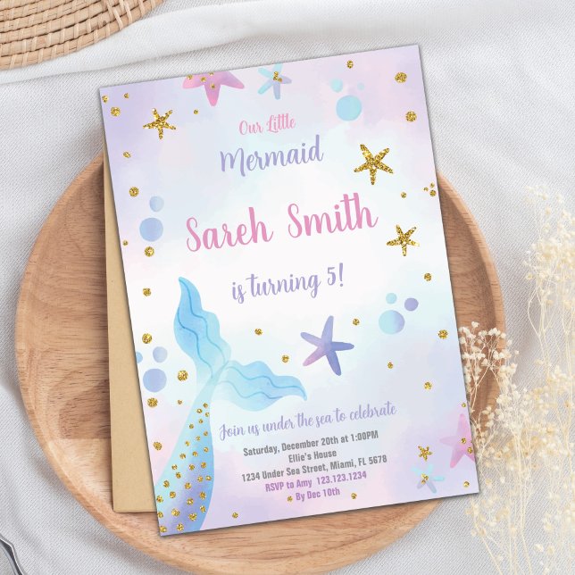 Editable Girls Under the Sea Party Card with Ocean (Blue Mermaid Birthday Invitation)