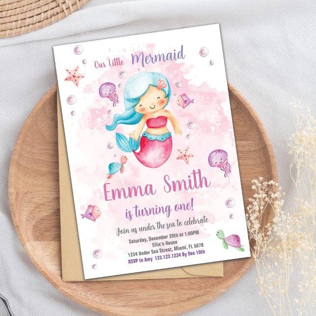 Editable Girls Under the Sea Party Card with Water (Pink Cloud Mermaid Birthday Invitation)