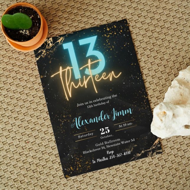 Editable Glitter Glow Blue Thirteen Birthday Party Invitation (Creator Uploaded)