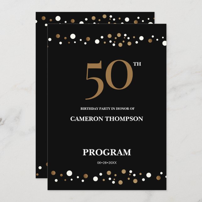 Editable Gold and Black confetti 50th birthday  Programme (Front/Back)