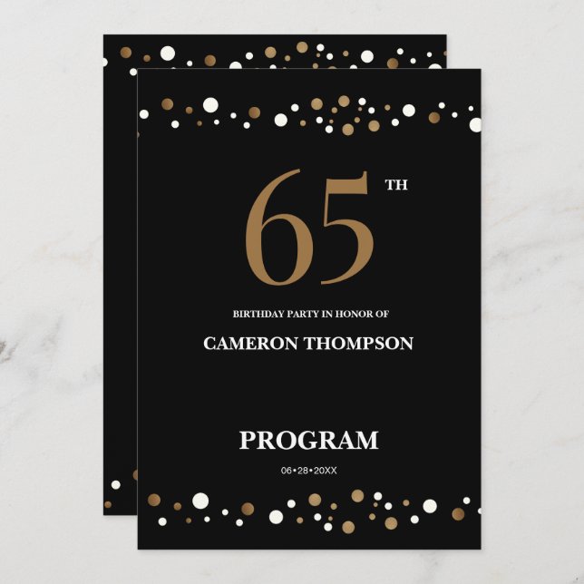 Editable Gold and Black confetti 65th birthday   Programme (Front/Back)