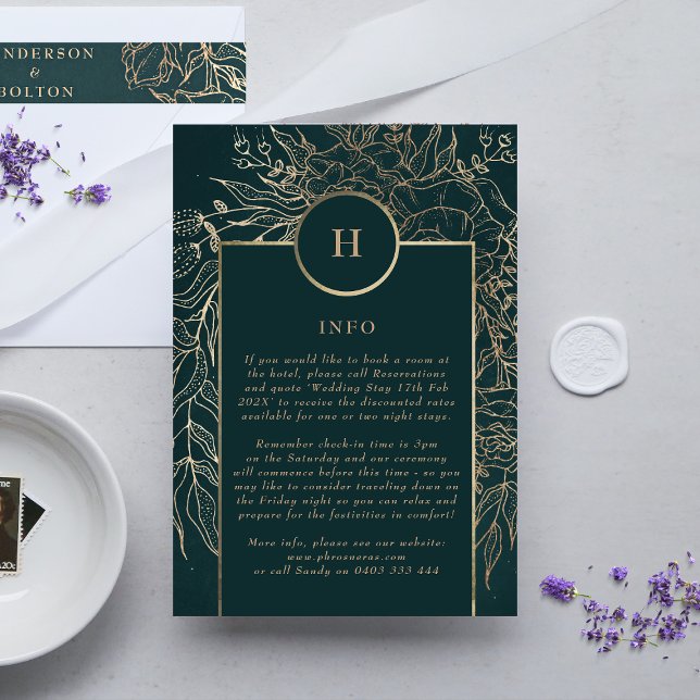 Editable Gold & Emerald Green Wreath Monogram Enclosure Card (DETAILS showcasing suite - additional items (bought separately))