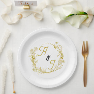 Editable Gold Floral Wedding Paper Plate