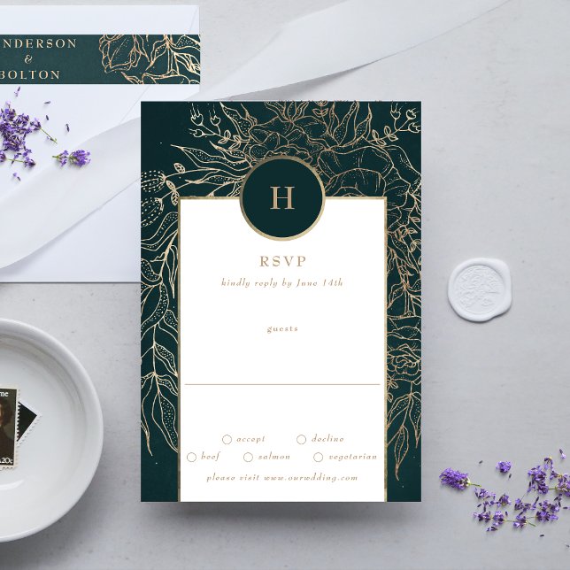 Editable Gold Foil & Emerald Green Wreath Monogram RSVP Card (RSVP showcasing suite - additional items (bought separately))