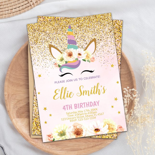 Editable Golden Glitter Unicorn Birthday Invitation (Golden Glitter Unicorn Birthday Invitations)